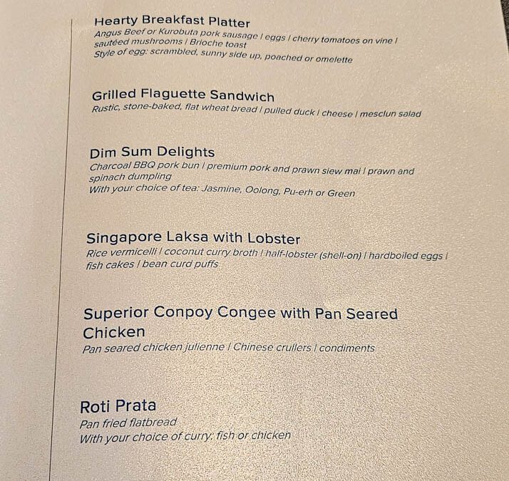 Singapore Airlines The Private Room Breakfast Menu