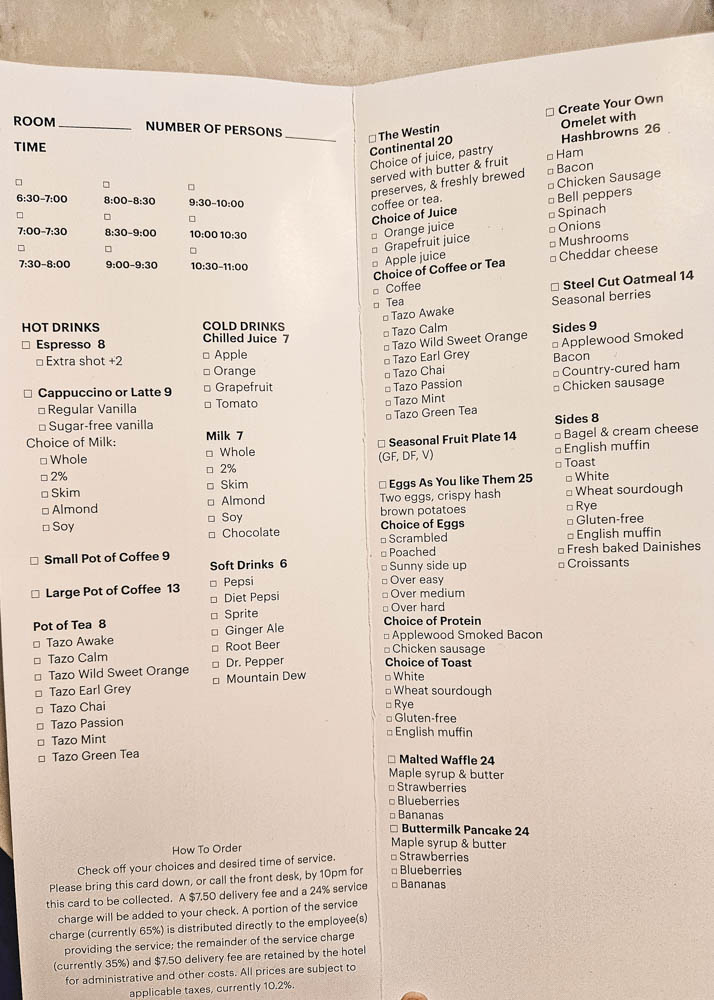 The Westin Bellevue Room Service Breakfast Menu