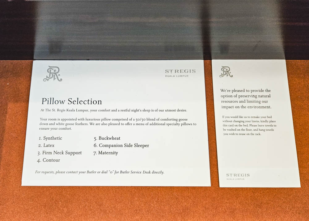 St Regis Kuala Lumpur Pillow Menu